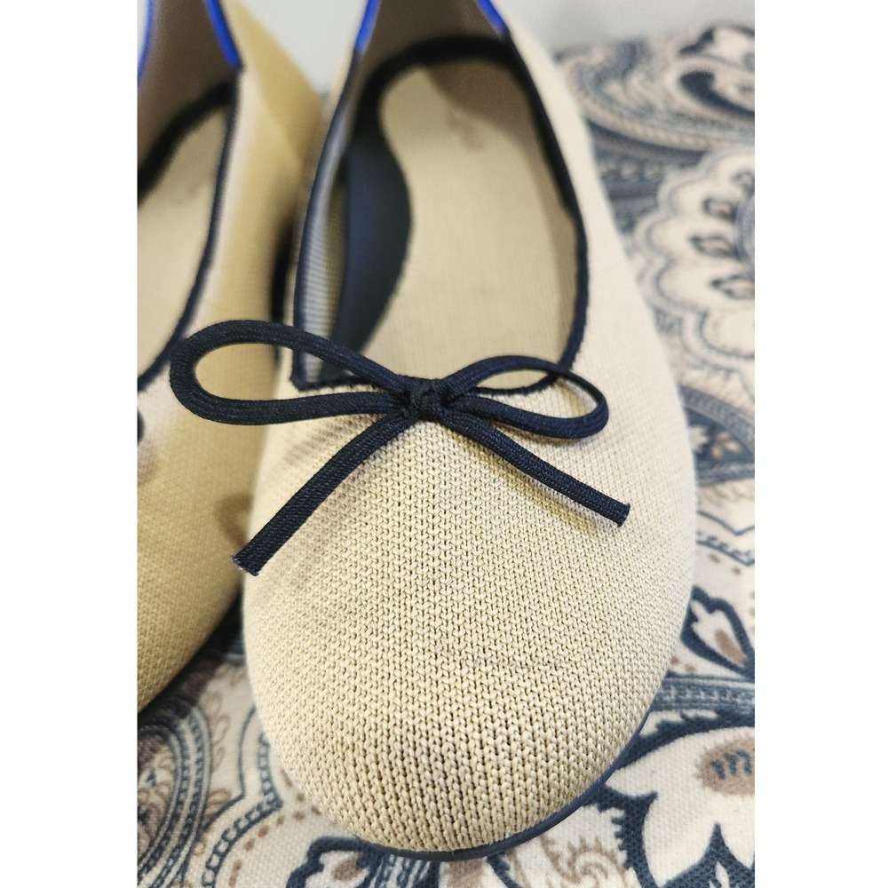 Rothys The Bow Flat Fawn Tan Navy Blue Trim Sustainable Washable Shoes W10 - Picture 9 of 9